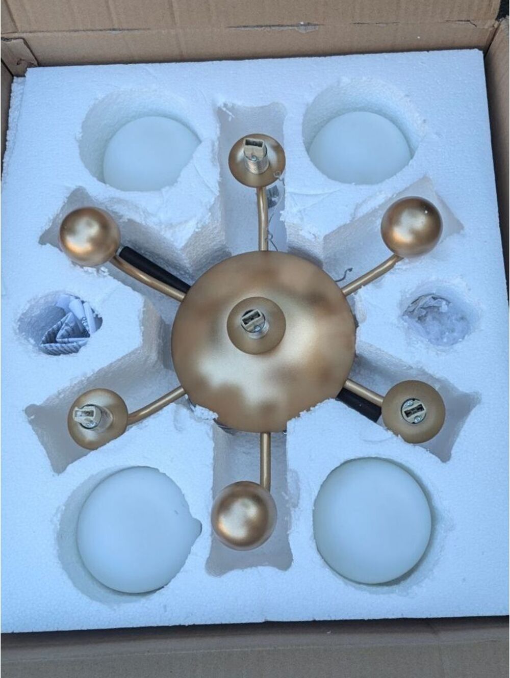 Postmodern 3-Light Gold Semi-Flush Mount Ceiling Light w/ Opal Glass Globes
